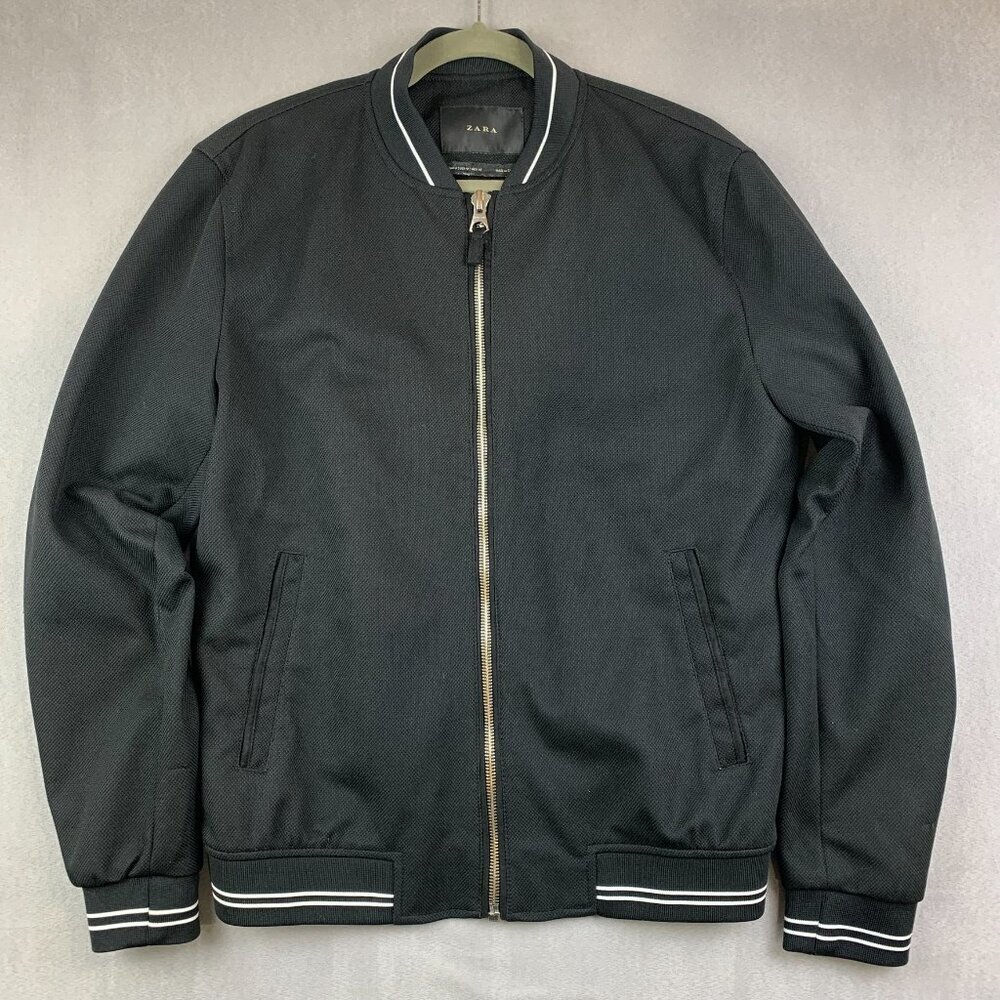 Zara Mens Bomber Jacket Medium Black Full Zip Long Sleeve Varsity Striped Trim